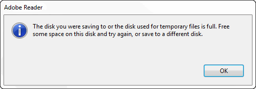 The document could not be saved. The disk you were saving to or the disk used for temporary files is full. Free some space on this disk and try again, or save to a different disk.