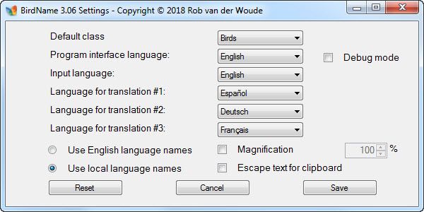 BirdName 3.07 Settings Screenshot