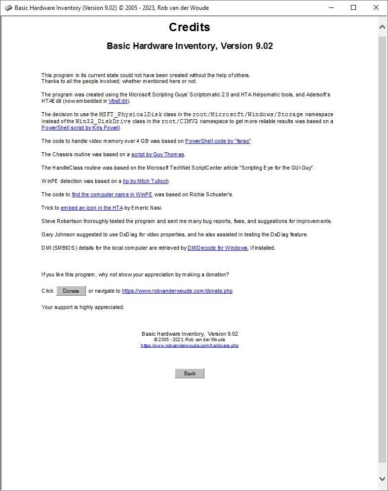 Screenshot of Basic Hardware Inventory Credits screen