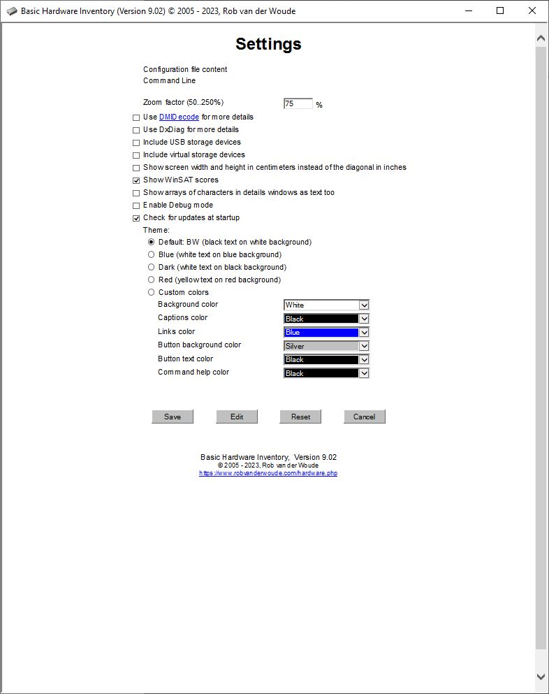 Screenshot of Hardware.hta settings