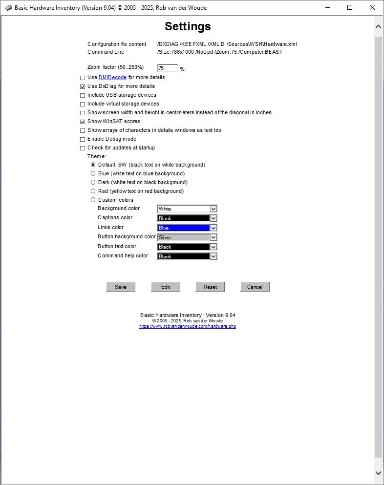 Screenshot of Hardware.hta settings
