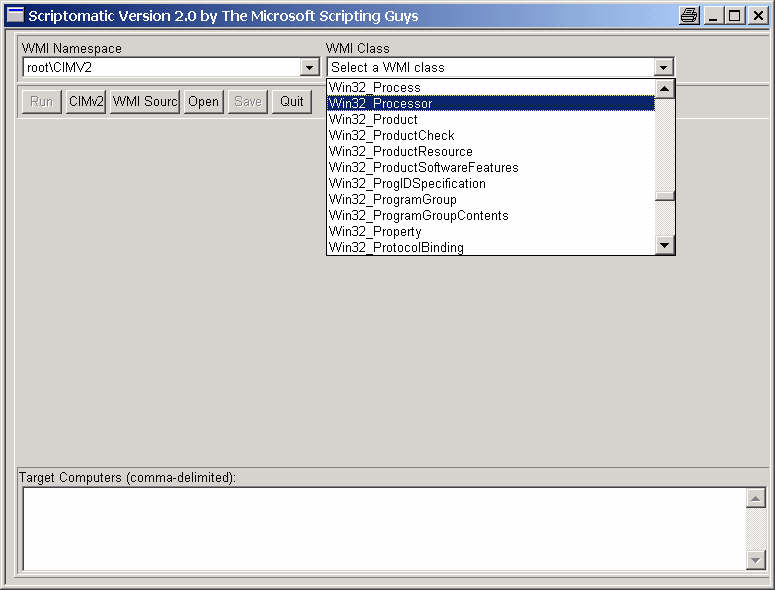 Selecting a WMI class in Scriptomatic