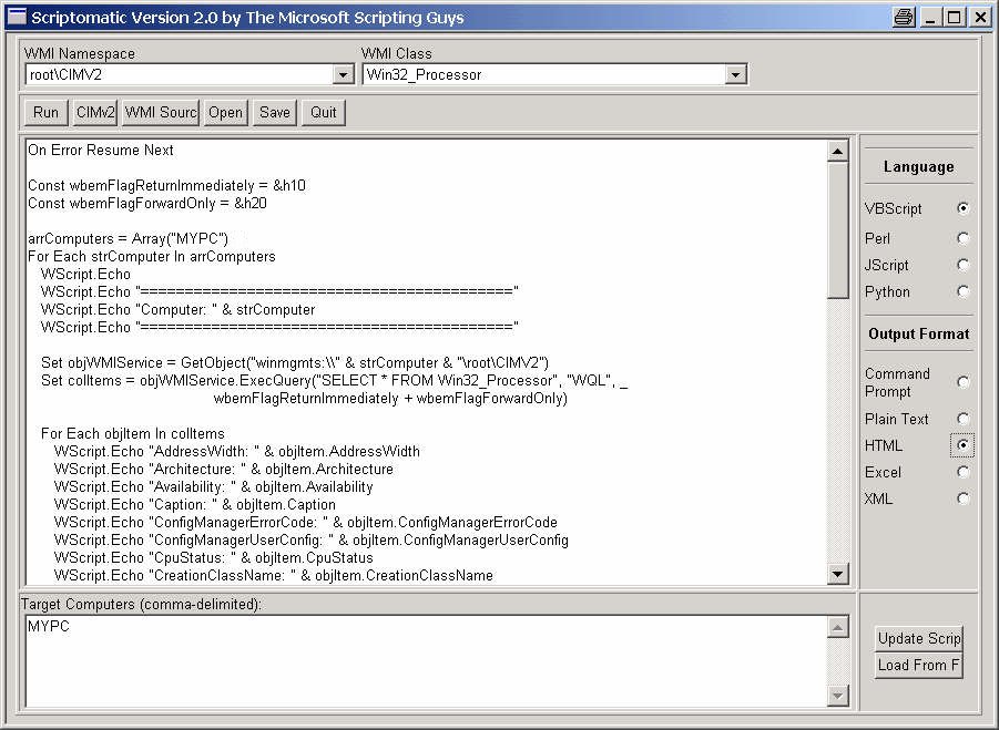 Scriptomatic screen with script and output format selection