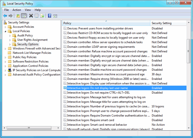 Windows 7 Local Security Policy editor screenshot