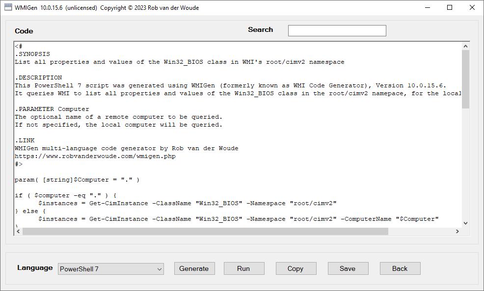WMIGen 10.0.15.4 generated code view screenshot