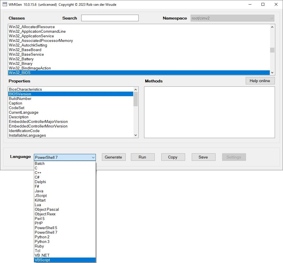 WMIGen 10.0.15.6 languages list screenshot