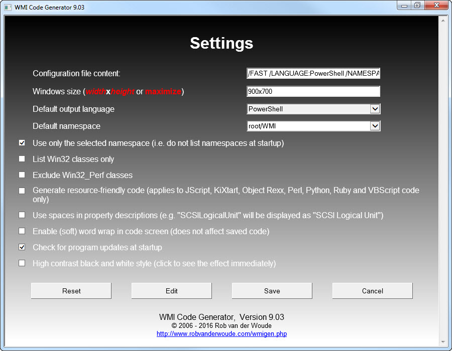 WMIGen 9.03 settings page